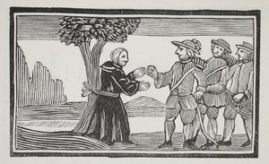 Ató al abad a un árbol, ilustración de Chap-books del siglo XVIII de John Ashton, pub. 1882 de English School