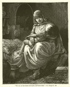 "Se sentó en sus rodillas hasta el mediodía, y luego murió", II, Reyes, iv, 20 de English School