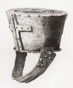 Casco del castillo de Pomeroy, Inglaterra, datado hacia el siglo XII, extraído de The British Army: Its Origins, Progress and Equipment, publicado en 1868. de English School