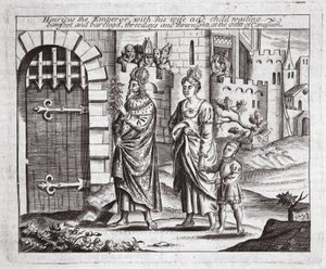 El emperador Henricus con su esposa e hijo esperando, descalzos y descalzos, tres días y tres noches en las puertas de Canusuam, ilustración de Hechos y Monumentos de John Foxe, novena edición de English School