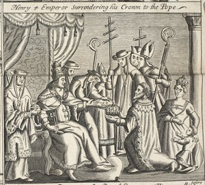 Enrique IV emperador entregando su corona al Papa, ilustración de Hechos y Monumentos de John Foxe, novena edición, pub. 1684 de English School