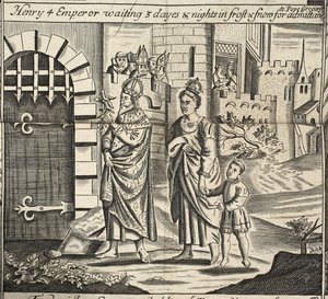 Enrique IV emperador esperando 3 días y noches en la escarcha y la nieve para ser admitido ante el Papa Gregorio, ilustración de Hechos y Monumentos de John Foxe, novena edición, pub. 1684 de English School