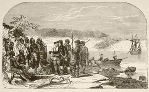 Henry Hudson ofrece licor a los indios en 1609 (litografía)