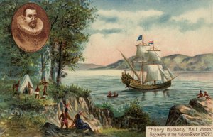 El barco Half Moon de Henry Hudson descubriendo el río Hudson, Norteamérica