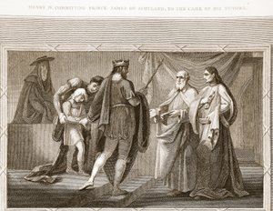 Enrique IV confiando al príncipe James de Escocia al cuidado de sus tutores, ilustración de La Historia de Inglaterra de David Hume, pub. por R. Bowyer, Londres, 1812 de English School