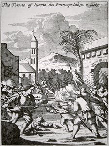 Henry Morgan captura y saquea la ciudad de Puerto de Príncipe, Cuba, en 1668, ilustración de 