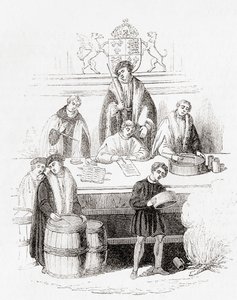 El juicio de Enrique VII sobre los pesos y medidas en el erario público en 1497, de Old England: A Pictorial Museum, pub. 1847 de English School