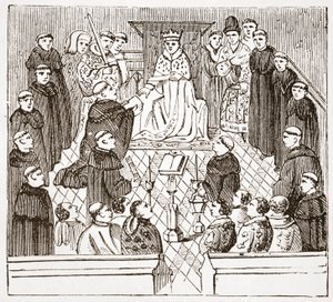 Enrique V y su parlamento (del Harleian MMS en el Museo Británico), ilustración de La Historia del Protestantismo de James Aitken Wylie, pub. 1878 de English School