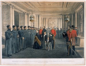Su Majestad la Reina Victoria (1819-1901) y S.A.R. el Príncipe Alberto (1819-61) inspeccionando a los soldados heridos de la Guardia de Granaderos en el Palacio de Buckingham, 1855 de English School