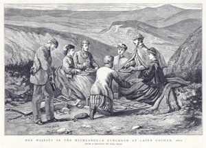 Su Majestad en las Tierras Altas - Un almuerzo en Cairn Lochan, 1861 de English School