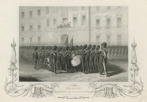 Su Majestad despidiéndose de los Guardias de Fusileros