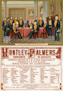 El Ministerio de Su Majestad, anverso y reverso de una tarjeta promocional para las galletas Huntley & Palmers, producida para el mercado francés c.1890