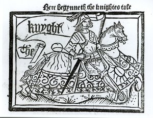 Aquí comienza el cuento del caballero, ilustración de Los Cuentos de Canterbury de Geoffrey Chaucer (c.1345-1400) impreso por William Caxton (c.1422-91) 1434 de English School