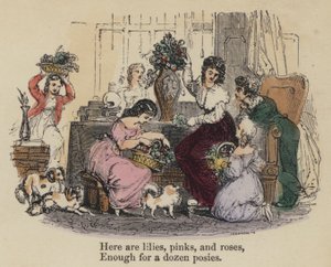 Aquí hay lirios, claveles y rosas, Suficientes para una docena de ramos (grabado coloreado) de English School