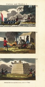 Hernán Cortés desembarcando en Tabasco, México, presentado con 20 mujeres incluyendo a Marina por los mayas, y destruyendo un templo y ídolos mayas de English School