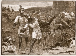 Heroísmo de St. Clair en el asedio del castillo de Bridgnorth, ilustración de Cassells Illustrated History of England