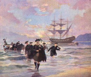Colonos de las Highlands llegando a Pictou, Nueva Escocia, desde el "Hector", 1773 (litografía en color) de English School