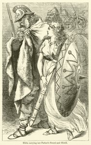 Hilda lleva la espada y el escudo de su padre (grabado)