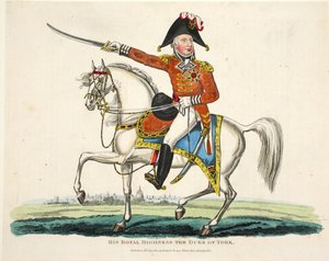 Su Alteza Real, el Duque de York, publicado por Richard Evans, grabado por Romney, ilustración de Un relato histórico de la batalla de Waterloo por William Mudford, 1816 de English School