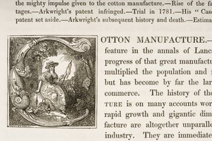 Inicial Historiada C, de un libro sobre la Manufactura de Algodón Británica