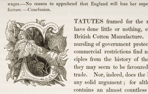 Inicial historiada S, de un libro sobre la manufactura de algodón británica