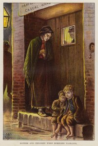 Madre e hijos sin hogar en la Gran Bretaña victoriana (chromolitho) de English School