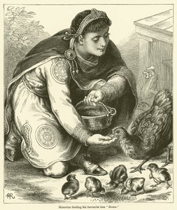 Honorio dando de comer a su gallina favorita "Roma" (grabado)