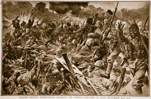 Territoriales británicos encapuchados cargando contra las trincheras alemanas en Loos, 25 de septiembre de 1915, 1914-19 de English School