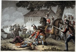 Guardia a caballo en el campo de batalla de Waterloo en "Anécdotas e incidentes históricos, militares y navales que llegaron a los Ejércitos Británicos y sus aliados, terminando en Waterloo" por Edward Orme. Ilustrado por Fry, Sutherland, Clark, Dubourg, W de English School