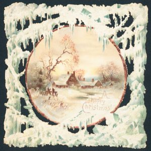 Casa en escena de nieve rodeada de carámbanos, tarjeta de Navidad