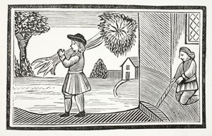 Cómo se conoció la gran fuerza de Tom Hickathrift, ilustración de Chap-books del Siglo XVIII de John Ashton, pub. 1882 de English School