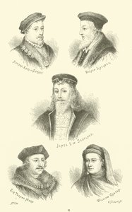 Howard, Conde de Surrey, Obispo Latimer, Jacobo I de Escocia, Sir Thomas More, William Caxton de English School