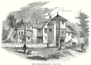 Hulme Hall, Laneashire. - Vista frontal (grabado) de English School