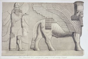 Toro con cabeza humana y figura alada de una puerta en la muralla que rodea Koujunjik, lámina 3 de Nínive y sus Restos de Austen Henry Layard, publicado en 1849 de English School