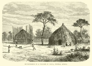 Construcción de chozas en un pueblo de Uhiya, África Central