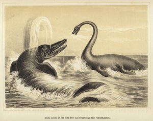 Escena ideal del Lias con ictiosaurio y plesiosaurio de English School