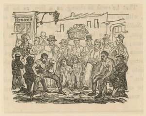 Ilustración que muestra una multitud viendo una pelea de boxeo