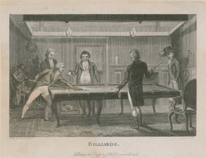 Ilustración que muestra a un grupo de hombres jugando al billar de English School