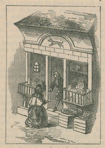 Ilustración que muestra a un hombre emergiendo del frente de una tienda de English School
