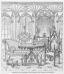 Ilustración del estilo extravagante de Muebles y Decoración Gótica Moderna, de Principios Verdaderos de la Arquitectura Puntiaguda o Cristiana, por Augustus Welby Pugin