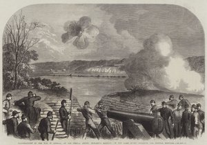 Ilustraciones de la guerra en América, la batería de Howlett en el río James, enfrentando a los monitores federales de English School