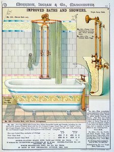 Baños y duchas mejorados de un catálogo de artículos sanitarios producidos por Morrison, Ingram & Co., Manchester, publicado c.1890 de English School