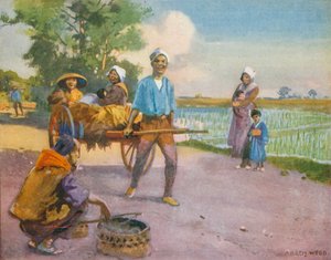 En el lejano Japón, volviendo de los arrozales (litografía en color)