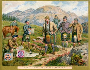 En las Tierras Altas, tarjeta promocional para las galletas Huntley & Palmers, c.1890 de English School