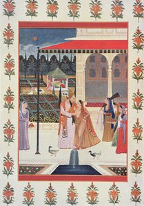 En el palacio de Harun Al-rashid, ilustración de "Las mil y una noches". de English School