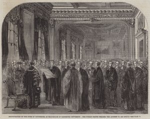 Inauguración del Duque de Devonshire como Canciller de la Universidad de Cambridge, el Orador Público leyendo el Discurso a Su Gracia (grabado) de English School