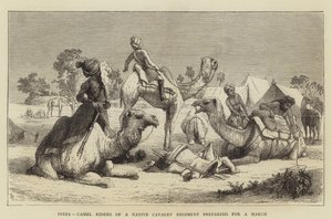 India, jinetes de camellos de un regimiento de caballería nativa preparándose para una marcha de English School