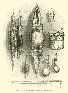 Bolsa de medicina india, silbato, tambor, etc. de English School