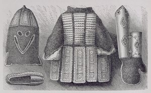 Panoplia india que consiste en casco, túnica, guanteletes y zapatos de Bhuj, de La Historia de la Humanidad, Vol.III, por Prof. Friedrich Ratzel de English School