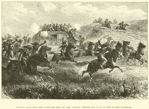 Indios atacando el correo terrestre en las llanuras antes de los días del ferrocarril del Pacífico